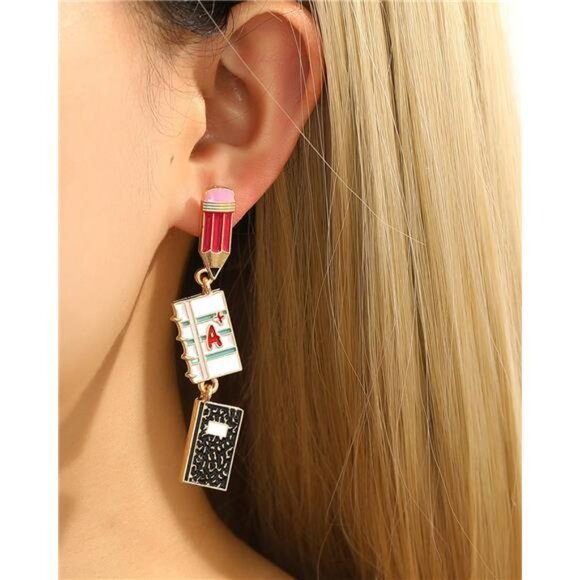 Colorful Teacher Earrings Pencil Apple Drop Dangle Back To School Gift Jewelry - Picture 7 of 8